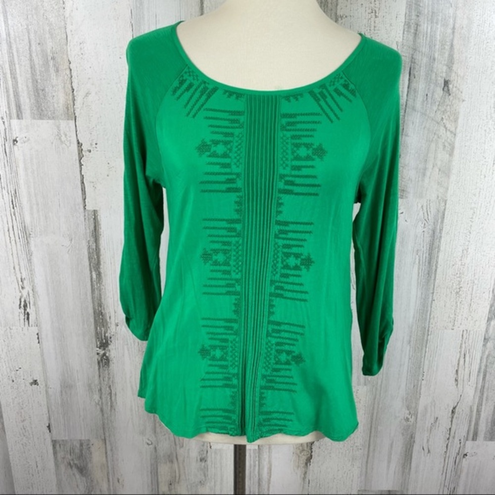 Chico’s Women's Petite Green Scoop Neck Pleated Embroidered Blouse Top Shirt 0